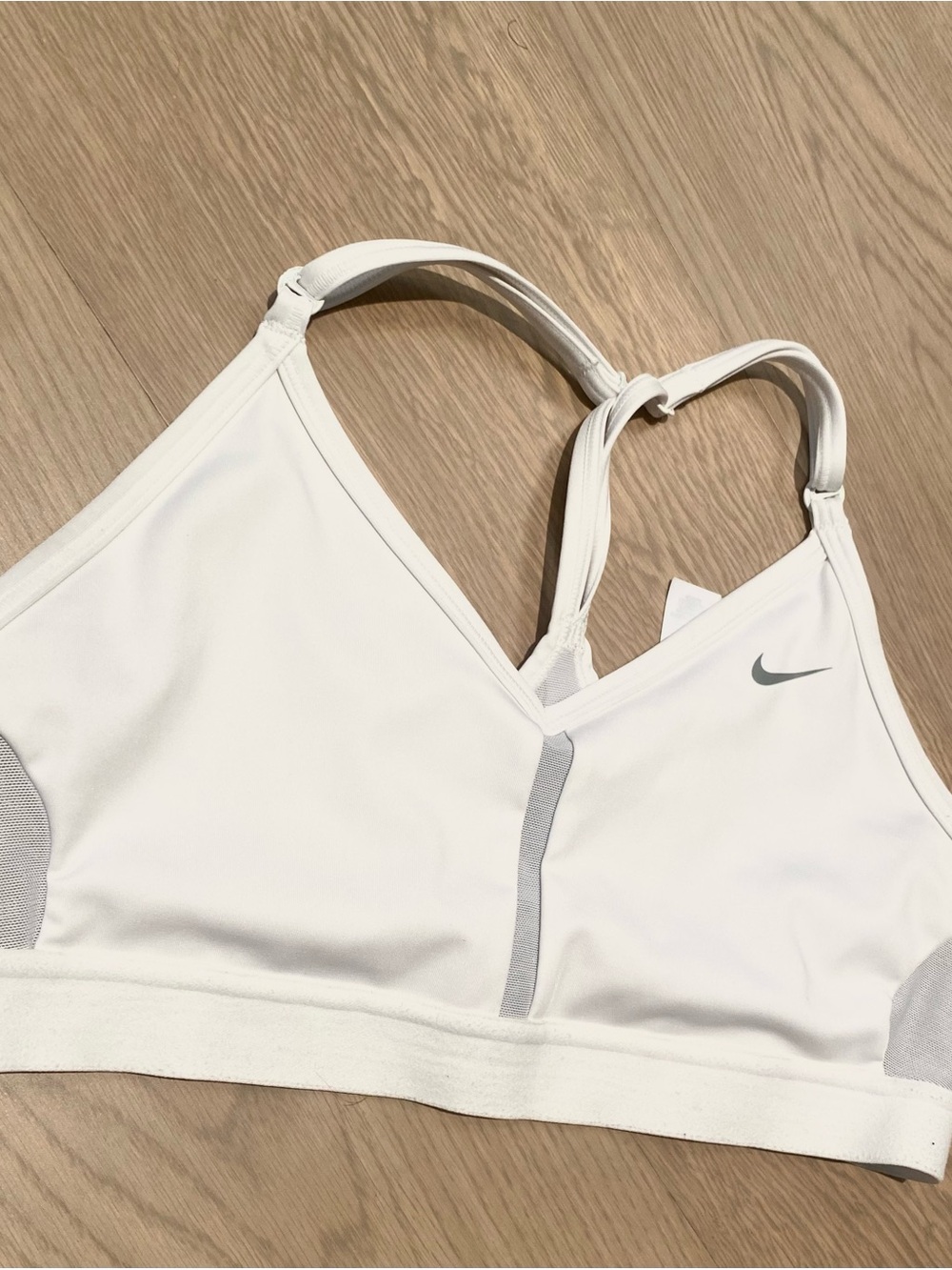 Nike White and Light Gray Low-Impact Sports Bra youth medium